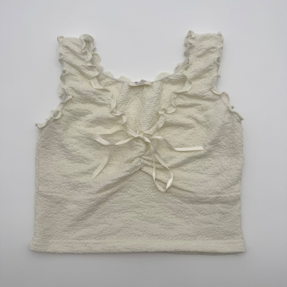 John Galt Brandy Melville Sexy White Textured Ruffle Bow Coquette Tank Top